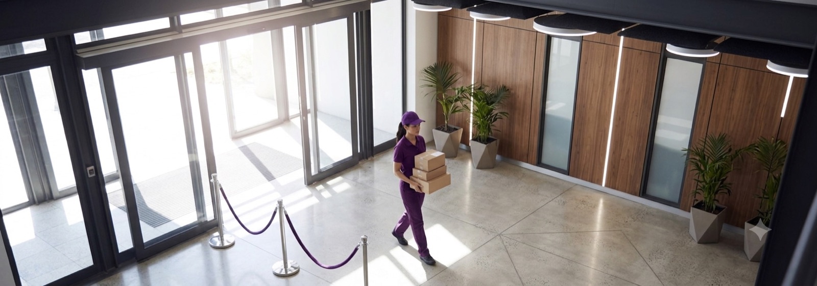 Coursière Arya livrant dans un hall d’entreprise