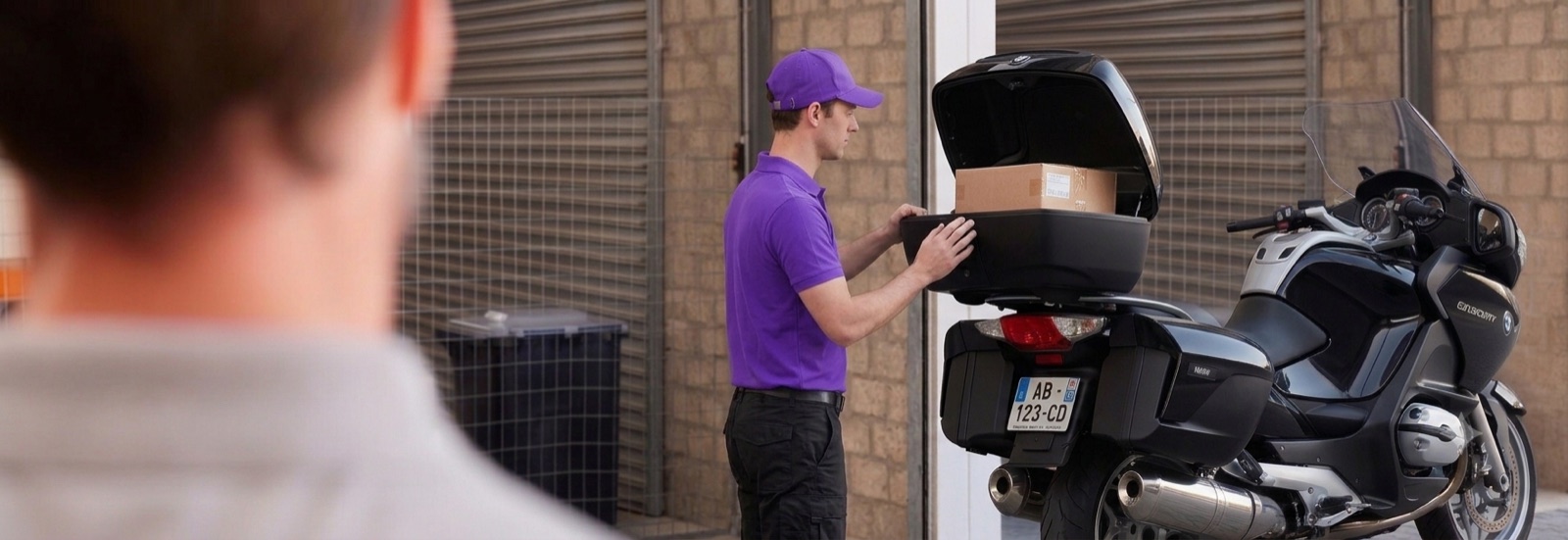 Chauffeur Arya chargeant un colis dans le top-case de sa moto