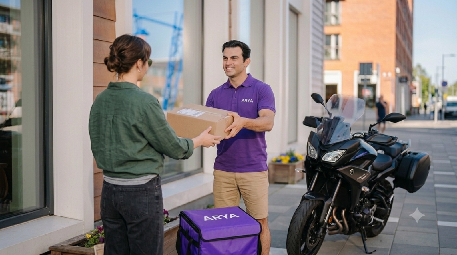 Chauffeur Arya remettant un colis à une cliente devant sa moto