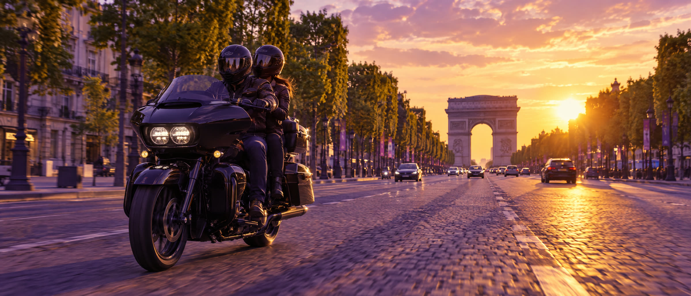 Un moto-taxi Arya remontant une avenue parisienne au coucher du soleil