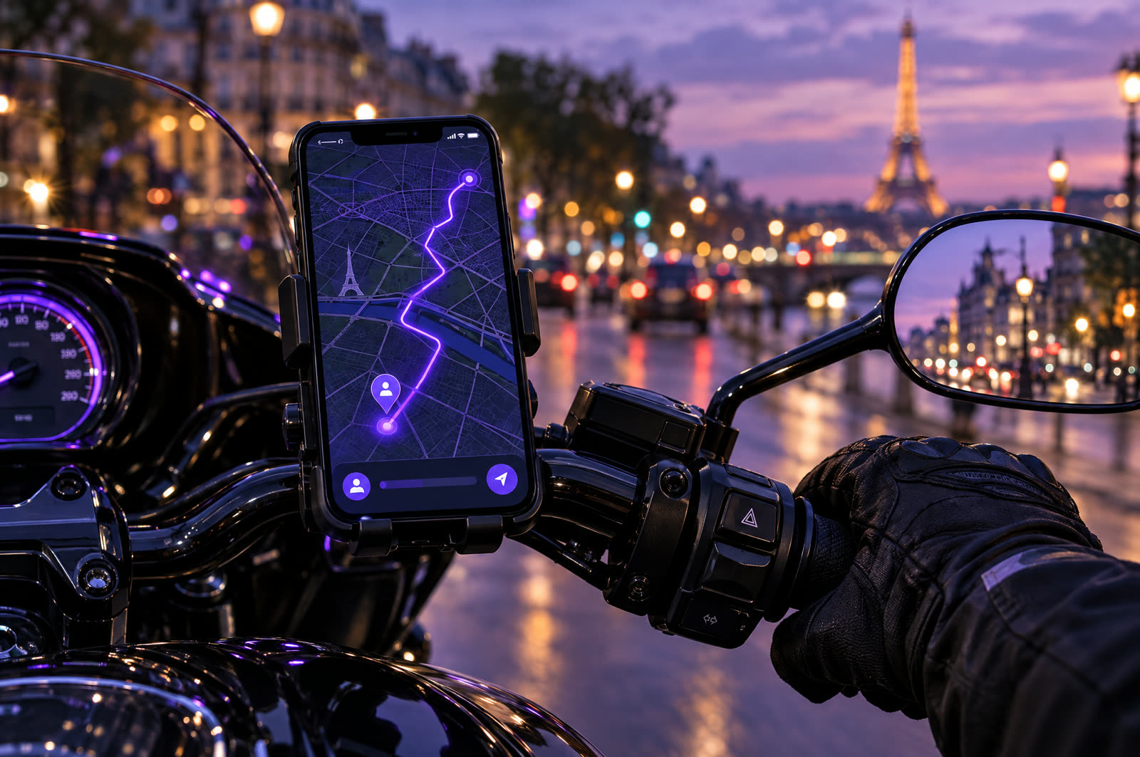 L’itinéraire de la course affiché dans l’application, sur le guidon